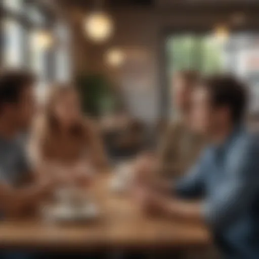 A group of diverse individuals engaging in a lively conversation at a café