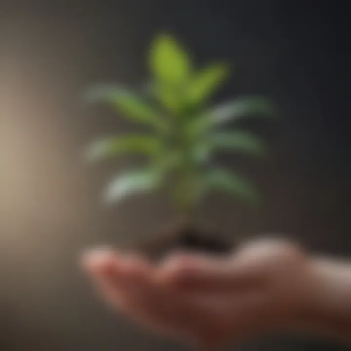 Close-up of a hand gently holding a small plant symbolizing growth