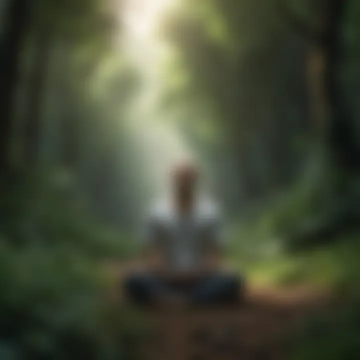 A person meditating in nature surrounded by lush greenery