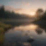 A serene landscape depicting a tranquil lake at sunset