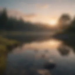 A serene landscape depicting a tranquil lake at sunset