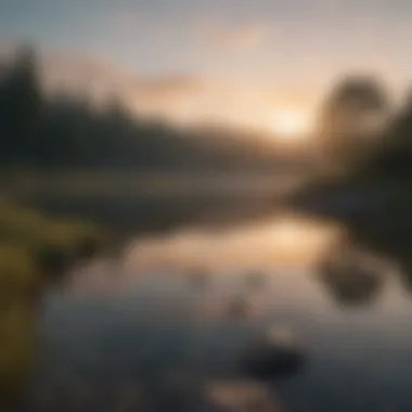 A serene landscape depicting a tranquil lake at sunset