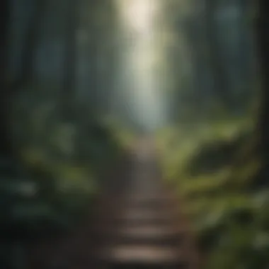 A serene pathway through a dense forest, representing a journey towards healing.