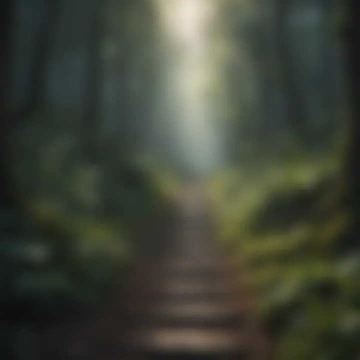 A serene pathway through a dense forest, representing a journey towards healing.