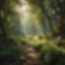 A serene landscape with soft sunlight filtering through trees, evoking tranquility.