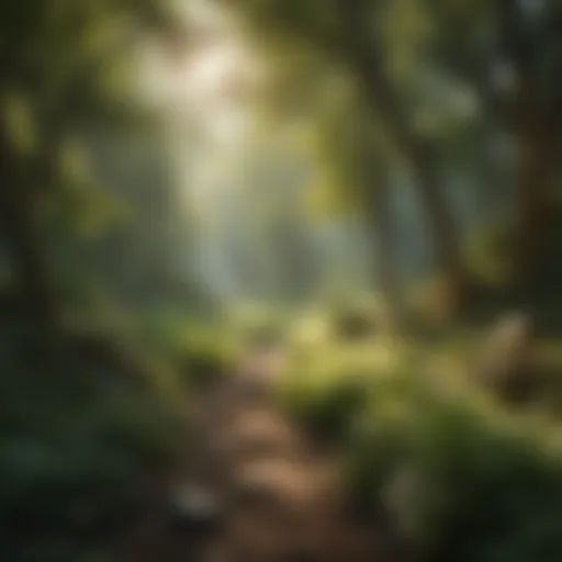 A serene landscape with soft sunlight filtering through trees, evoking tranquility.