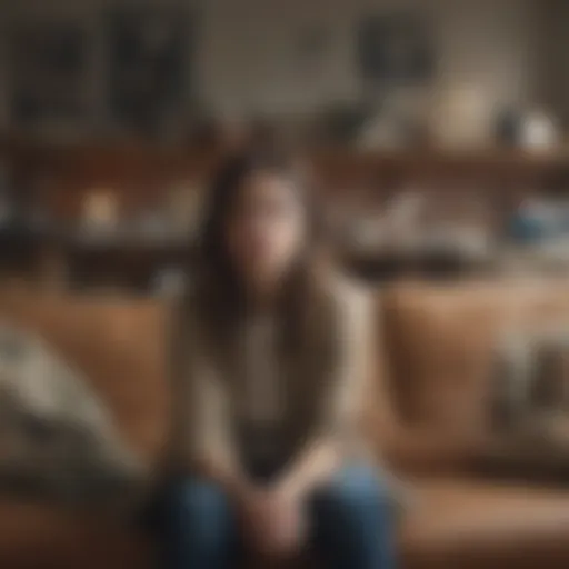 A woman sitting on a couch with a distressed expression, surrounded by clutter.