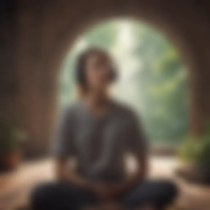 A peaceful person meditating with headphones, immersed in calming sounds.