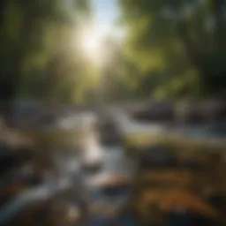 A serene landscape with gentle flowing water and soft sunlight