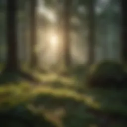 Tranquil forest scene with soft sunlight filtering through trees