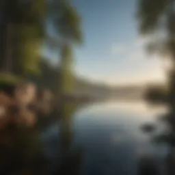 A serene landscape with calm waters reflecting the sky