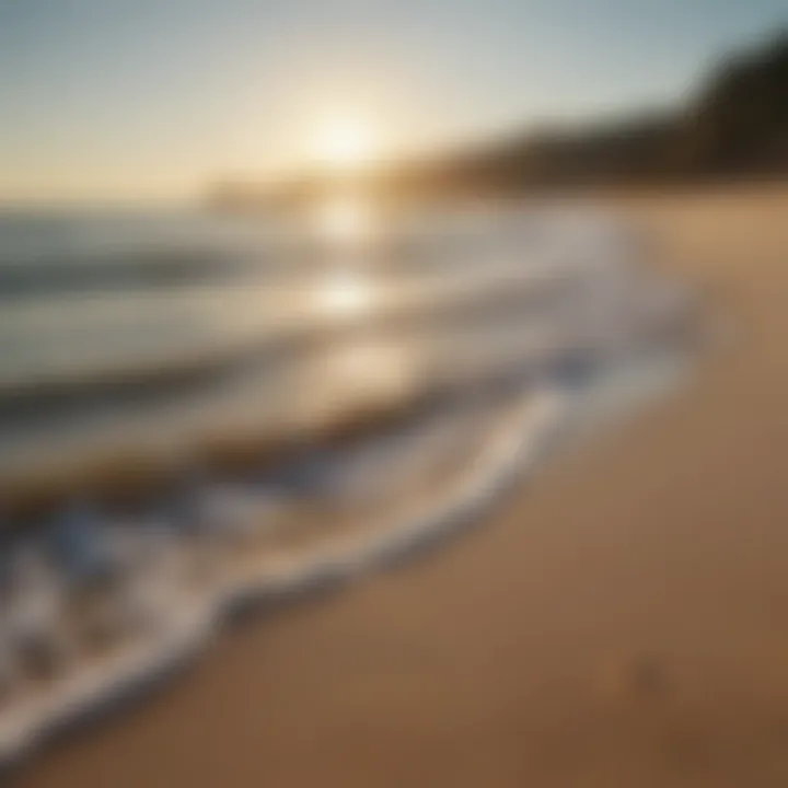 Gentle waves lapping at a sandy shore, depicting a calming seaside.