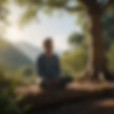 A person sitting in a meditative pose, surrounded by peaceful settings.