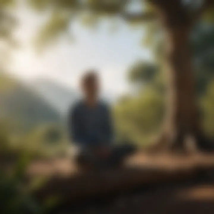 A person sitting in a meditative pose, surrounded by peaceful settings.