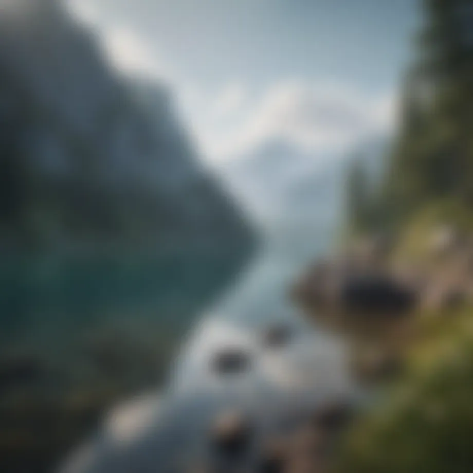 A serene landscape with a calm lake and mountains in the background