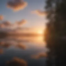 A serene landscape depicting a tranquil sunset over a calm lake