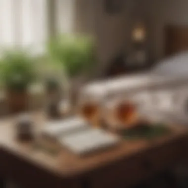 An assortment of herbal teas and a notebook placed on a bedside table.