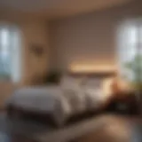 A tranquil bedroom setting with soft lighting and cozy bedding.