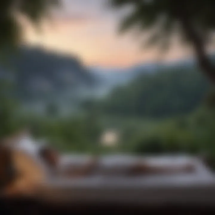 A peaceful outdoor scene during twilight, emphasizing tranquility and calmness.