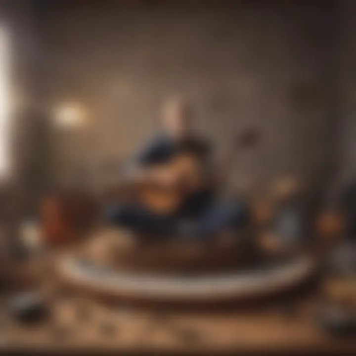 An illustration of a meditative figure surrounded by musical instruments and notes