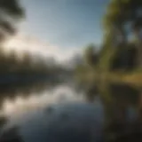 A tranquil scene depicting a serene landscape with musical notes floating in the air
