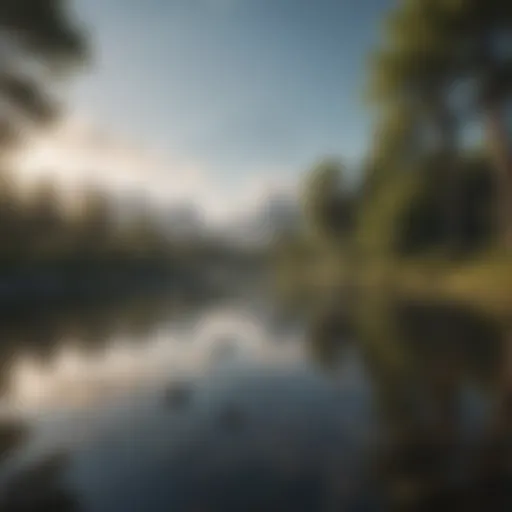 A tranquil scene depicting a serene landscape with musical notes floating in the air