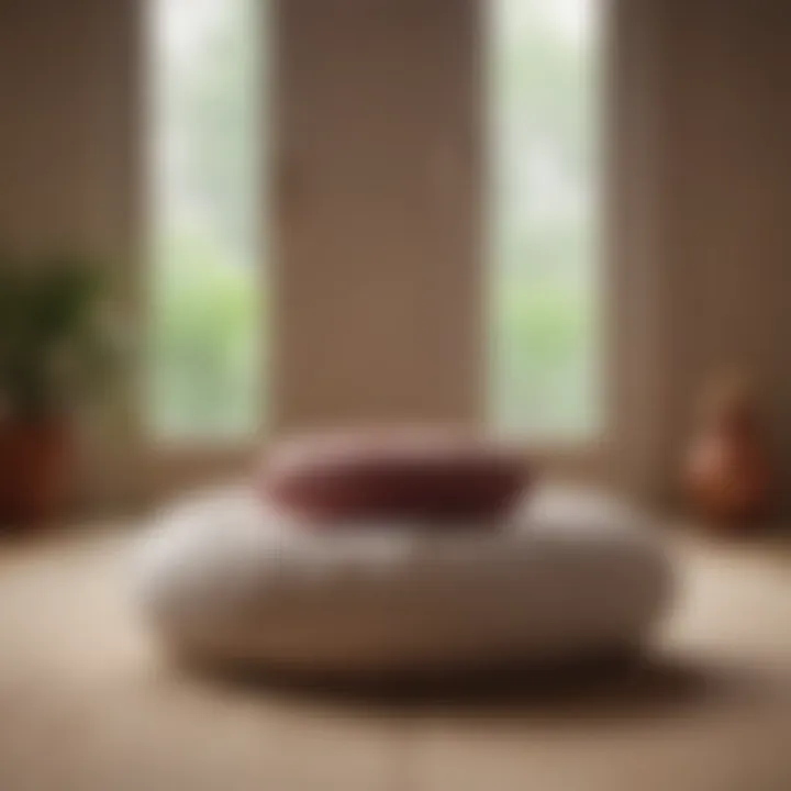 A close-up of a meditation cushion surrounded by calming elements