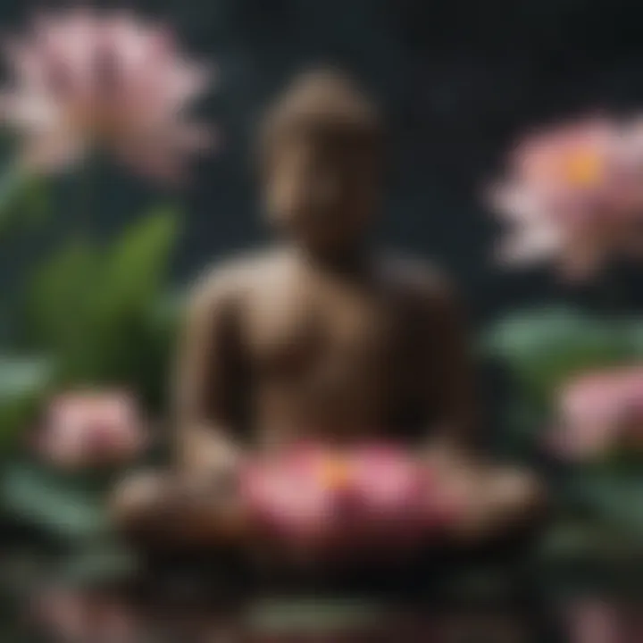 A tranquil Buddha statue surrounded by lotus flowers