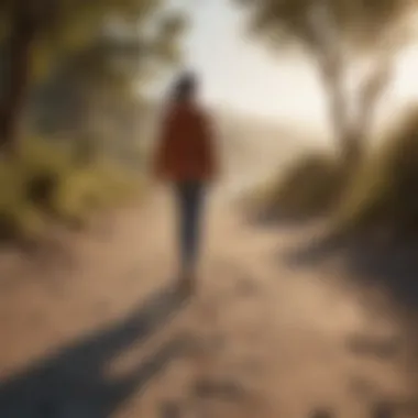Embodiment of Mindfulness in Movement A person practicing walking meditation in a peaceful environment, embodying mindfulness