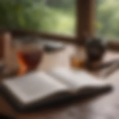 Reflection and Relaxation: Journaling After Meditation An open journal with a pen and calming herbal tea beside it