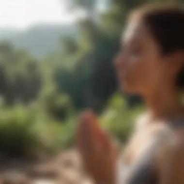 Close-up of a person meditating in a peaceful outdoor setting