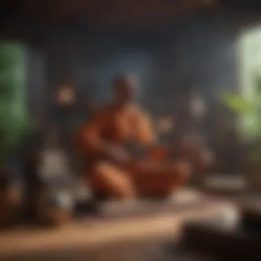 Meditation and Music Integration A peaceful setting with a person meditating while surrounded by musical instruments