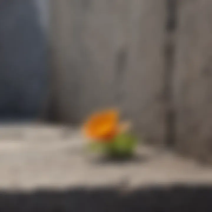 A close-up of a fragile flower growing through cracks in concrete