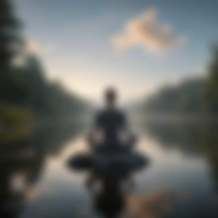 A tranquil scene of a person meditating by a calm lake, illustrating emotional resilience.