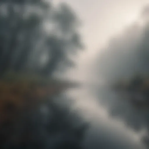 A serene landscape depicting a journey through fog, symbolizing doubt and introspection.