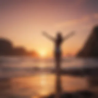 A person standing tall with open arms against a vibrant sunset